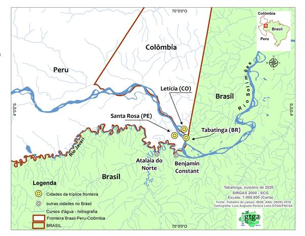 Localiza&ccedil;&atilde;o da tr&iacute;plice fronteira entre Tabatinga (Brasil), Let&iacute;cia (Col&ocirc;mbia) e Santa Rosa (Peru)