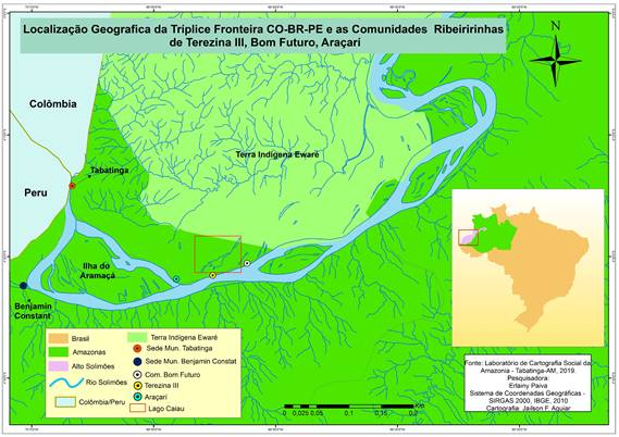 Localiza&ccedil;&atilde;o do Lago Caiau e as comunidades brasileiras pr&oacute;ximas &agrave; Tr&iacute;plice Fronteira (2019)