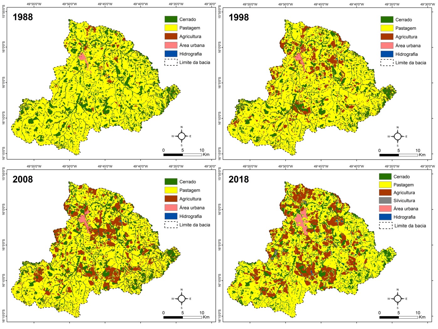 Mapas de Uso e Cobertura do Solo da Bacia Hidrográfica do Rio das Pedras, dos anos de 1988, 1998, 2008 e 2018