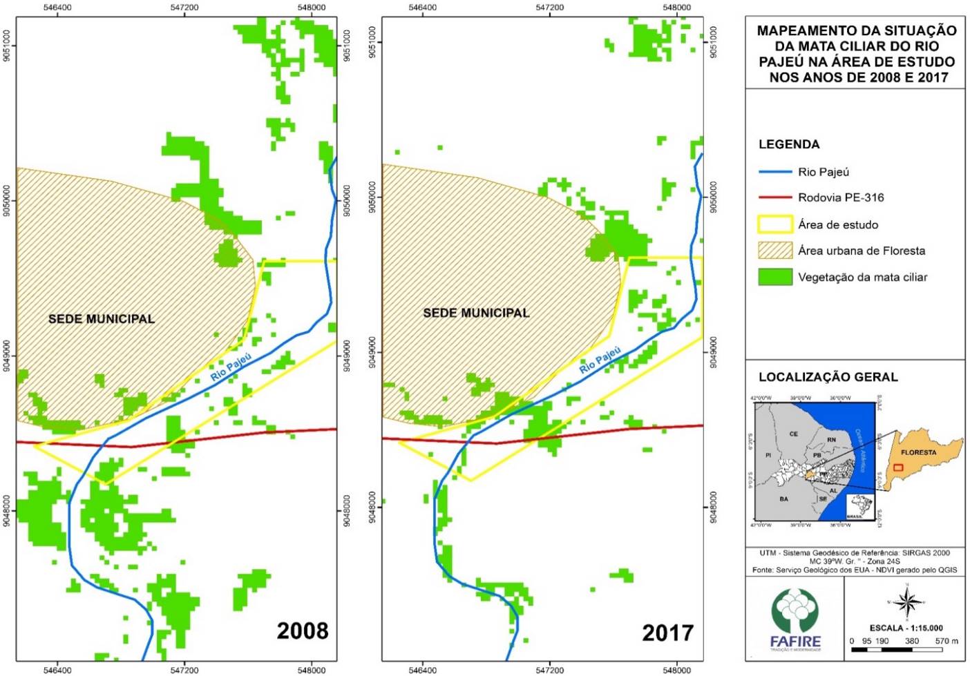 aracteriza&ccedil;&atilde;o comparativa da mata ciliar do rio Paje&uacute; nos anos de 2008 e 2017, no munic&iacute;pio de Floresta, Pernambuco