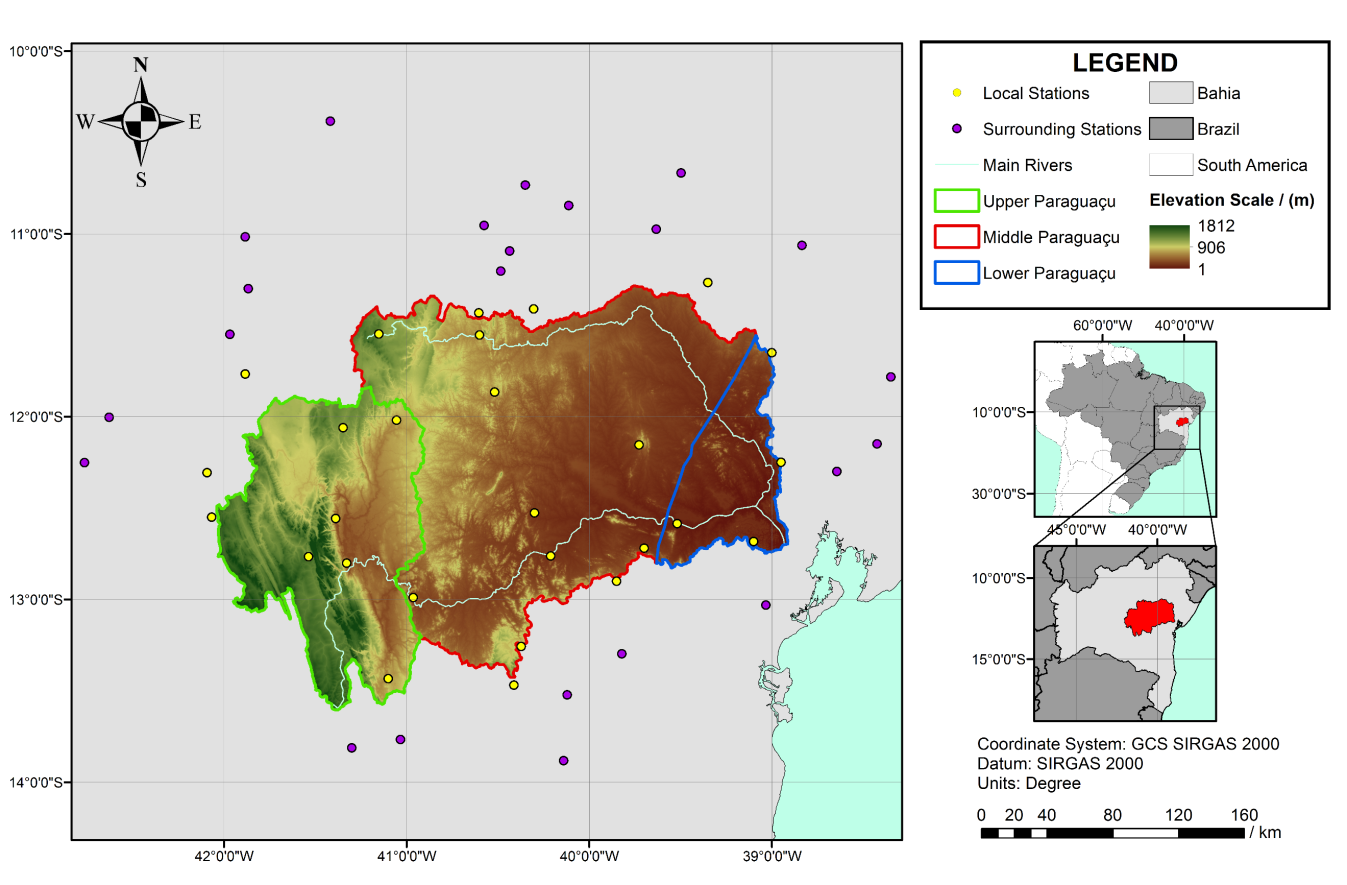 Location, division, hydrography and elevation scale of the study area, together to the geographical distribution of the stations