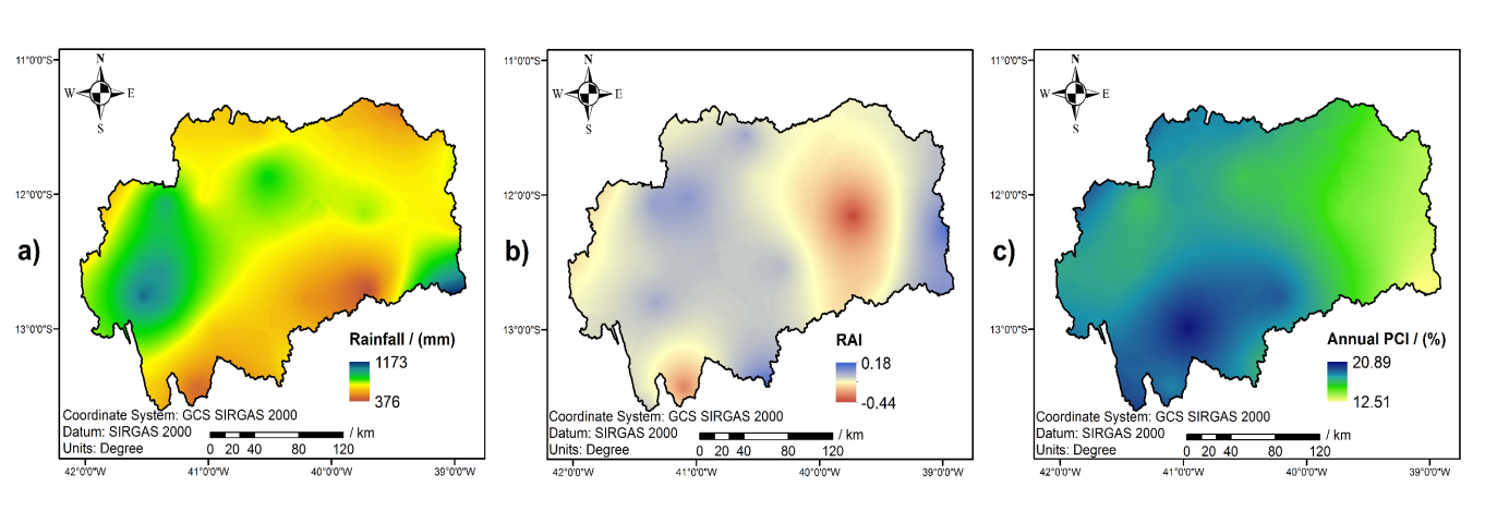 Spatial distribution of the average annual precipitation (a), of the RAI (b) and the annual PCI