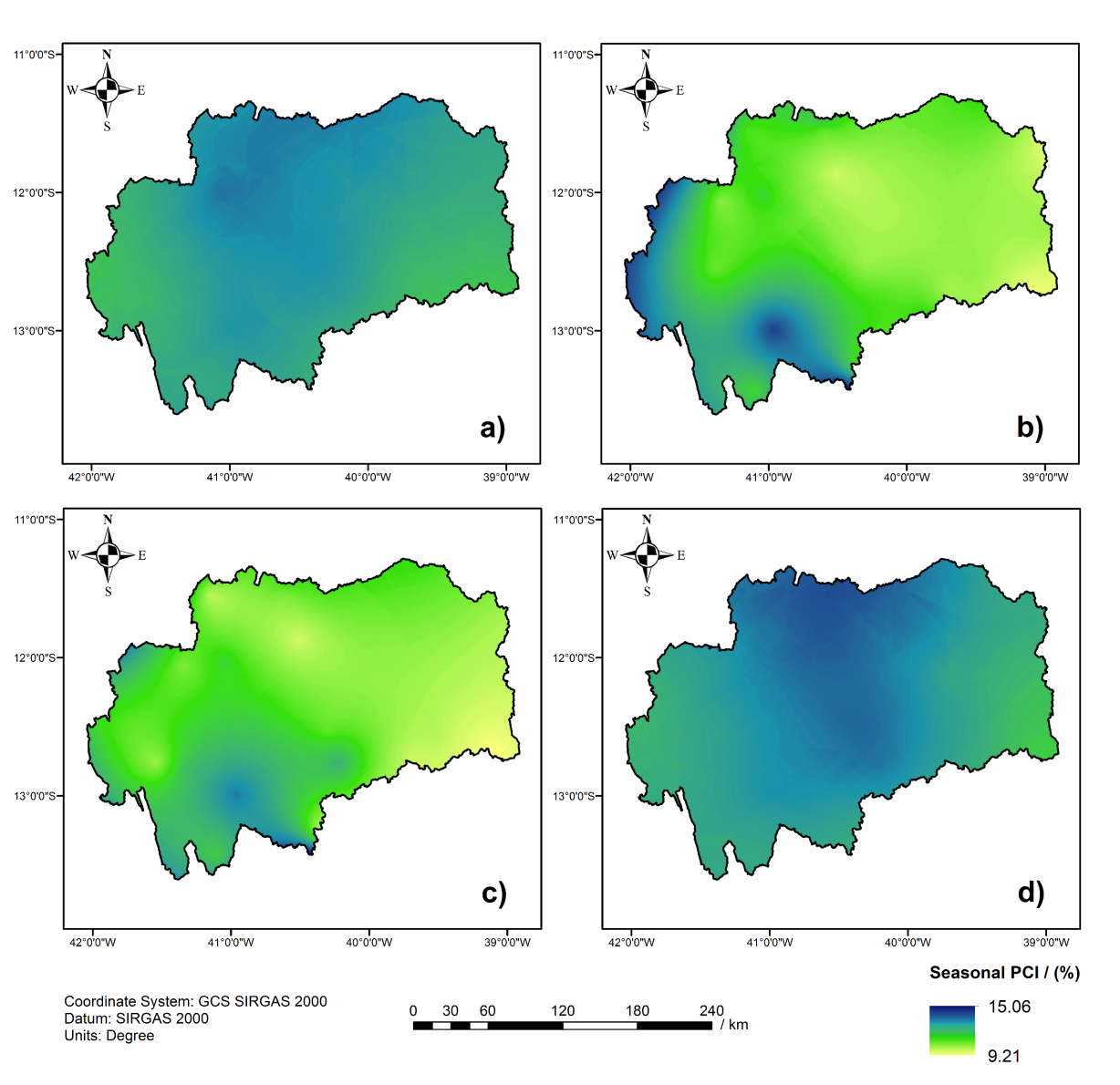 Spatial distribution, through kriging, of the seasonal PCI for the hydrographic region of Paragua&ccedil;u, considering the seasons: summer (a); autumn (b); winter (c); and spring (d)
