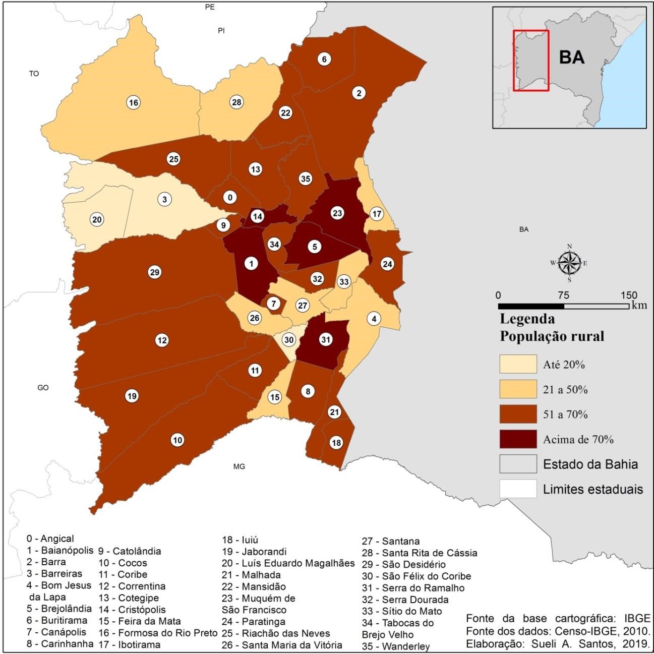 Percentual da população rural dos 36 municípios da região oeste do estado da Bahia (2010)