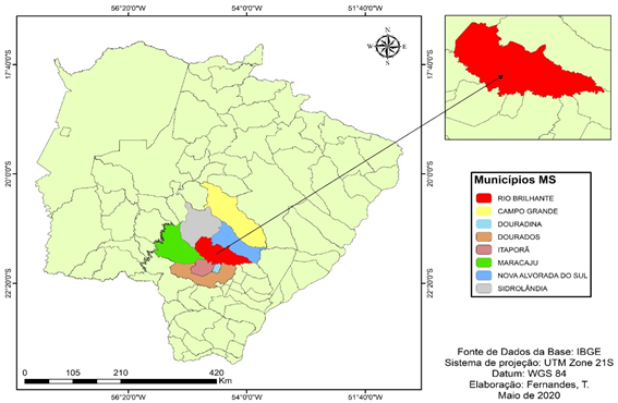 Mapa de Localiza��o do munic�pio de Rio Brilhante (MS) e Regi�o