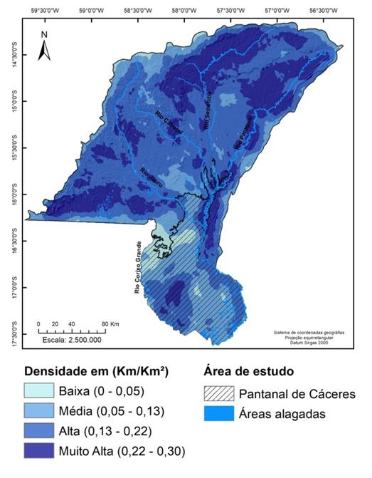 Densidade de drenagem na Bacia do Alto Paraguai