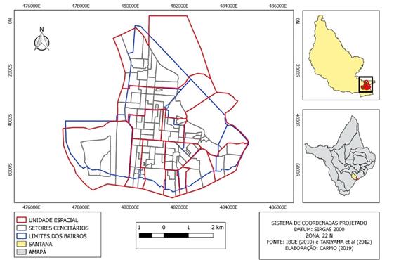Mapa comparativo entre a unidade espacial de estudo, setores censitrios e bairros do municpio de Santana