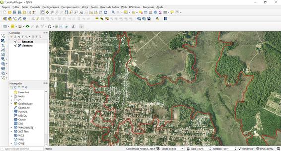 Visualizao de dados raster e vetorial no software QGIS 3.4, onde a rea de ressaca delimitada pela linha vermelha tem sua vegetao natural, sendo suprimida pelo avano da ocupao antrpica no bairro Fonte Nova em Santana – AP