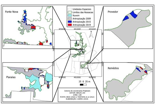 Mapa sntese dos fragmentos de ressaca que sofreram alterao nos anos de 2009, 2015 e 2019