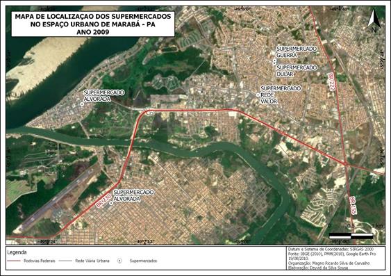 Localiza��o dos supermercados no per�metro urbano de Marab�-PA em 2009