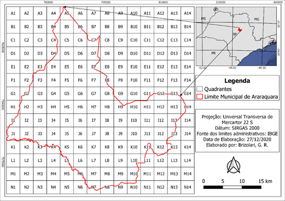 Mapa de localização dos quadrantes e suas nomenclaturas em Araraquara – SP