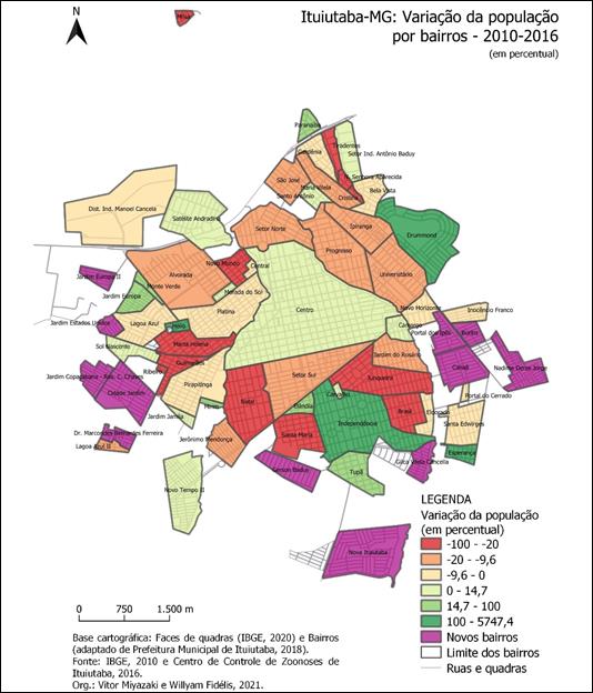 Ituiutaba: varia��o da popula��o por bairros (percentual) 2010-2016