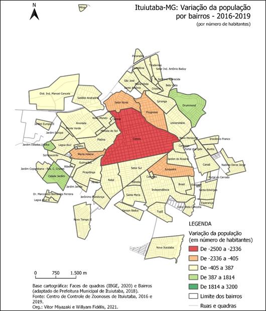 Ituiutaba: varia��o da popula��o por bairros (habitantes) 2016-2019