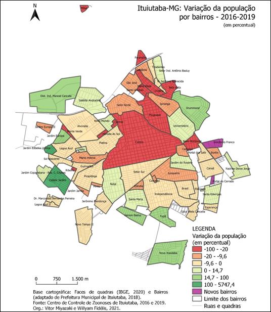 Ituiutaba: varia��o da popula��o por bairros (percentual) 2016-2019