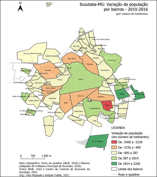 Ituiutaba: varia��o da popula��o por bairros (habitantes) 2010-2016
