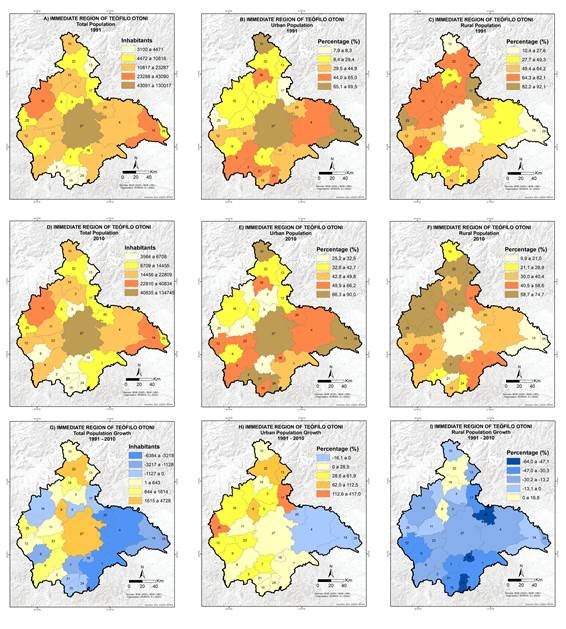 Collection of maps with the spatial distribution of the population for RGIm Te�filo Otoni (1991 and 2010)