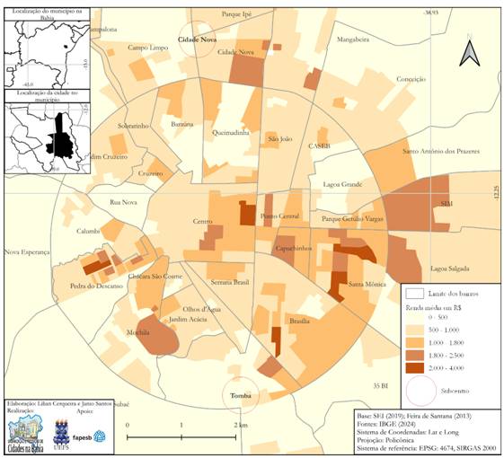 Average income, by urban census sector, Feira de Santana, Bahia, 2010.