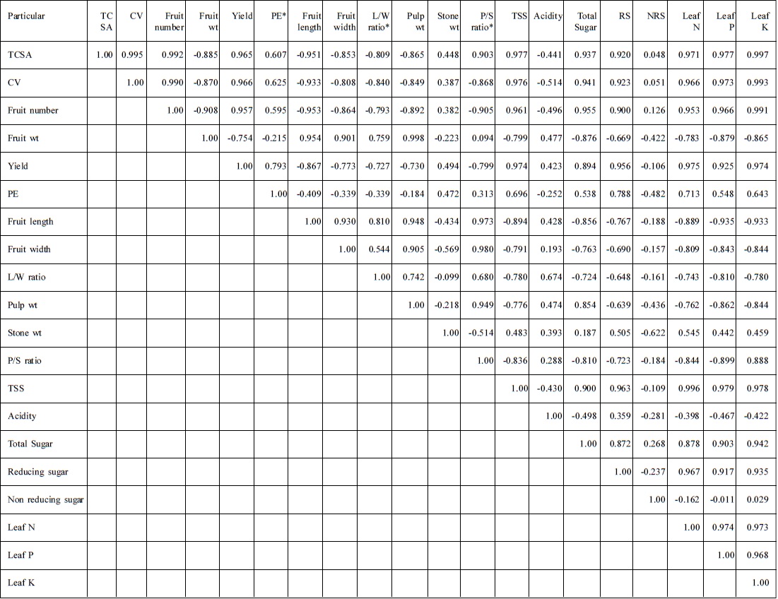 Correlation coefficient for 19 characters of plum