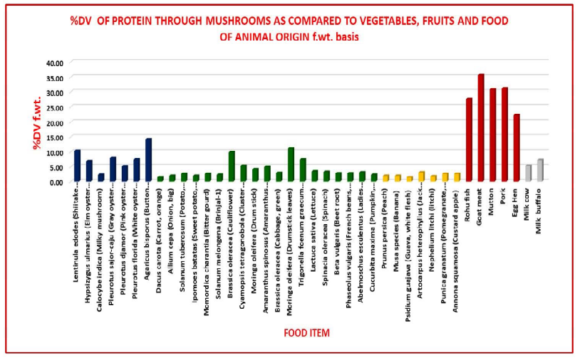 Comparison of daily value contribution of protein through mushroom and commonly consumed vegetables, fruits, meat and milk (Pandey et al., 2020; Longyah et al. 2017)