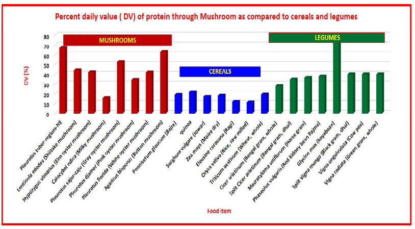 Comparison of daily value contribution of protein through mushroom and commonly consumed cereals & legumes (Pandey et al., 2020; Longyah et al. 2017)