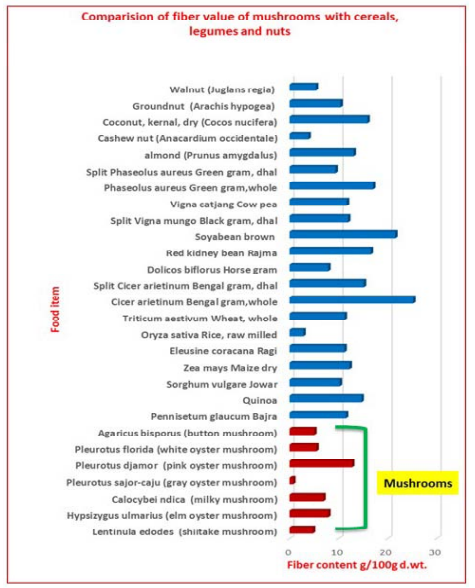 Comparison of fibre content of mushrooms, cereals, legumes, nuts and food of animal origin on dry weight basis