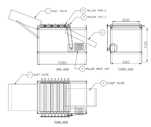 Diagram of onion detopping machine all dimensions in mm
