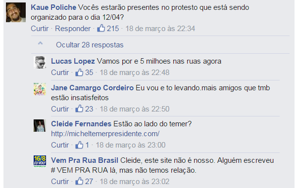 postagens com a participação do perfil Vem Pra Rua Brasil no Facebook.