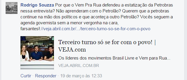 interação de internauta no Facebook sobre atuação de Vem Pra Rua Brasil.