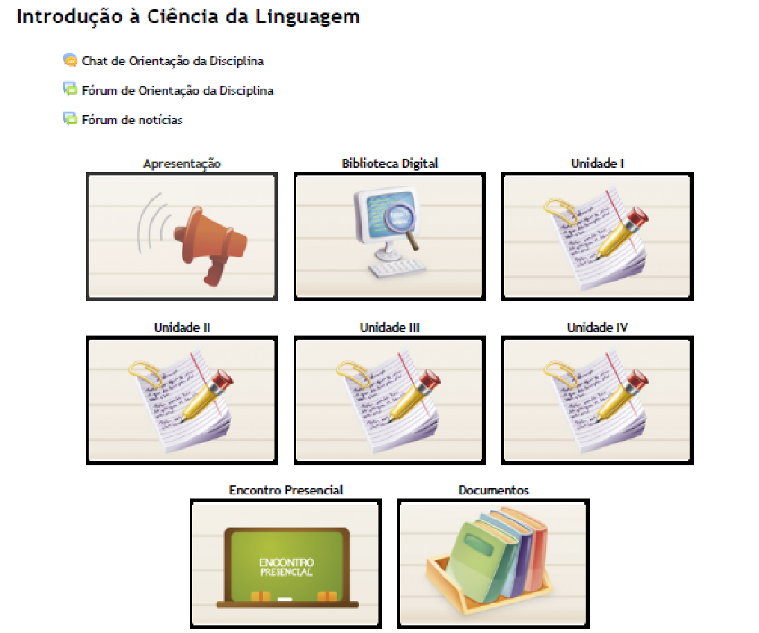 organização da disciplina Introdução à Ciência da Linguagem no Moodle.