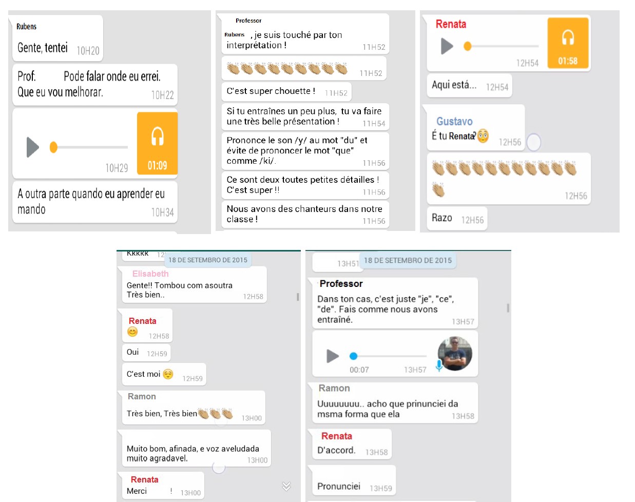Alunos cantam no WhatsApp (17/09/2015 e 18/09/2015).