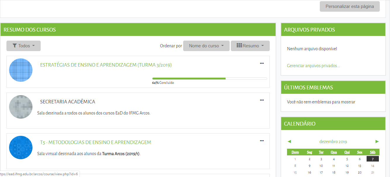 Interface da P&aacute;gina Inicial do Moodle