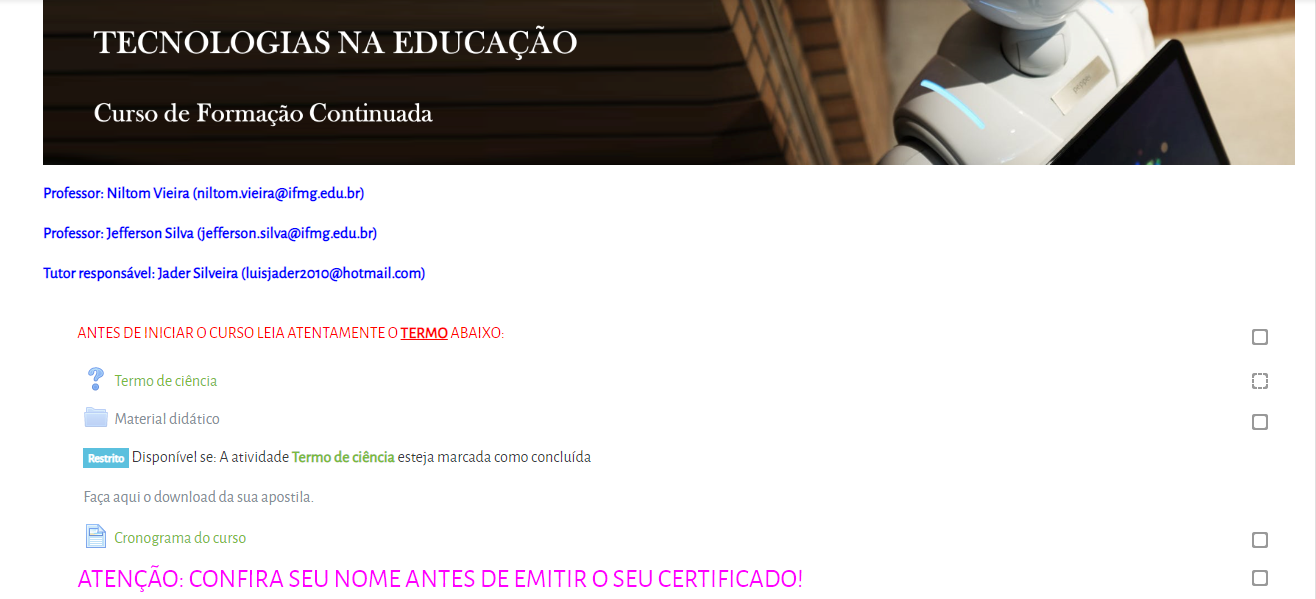 P&aacute;gina de um curso oferecido pela Institui&ccedil;&atilde;o