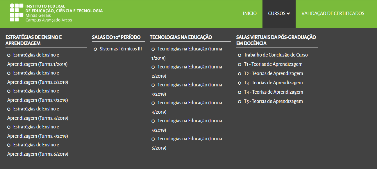 Lista de cursos instalados no Moodle