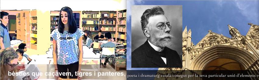 Captura del videopoema de Guilgamesh (4º ESO,
      izquierda) y exposición sobre La Renaixença (1º BACH, derecha),
      del Colegio Sant Miquel dels Sants), de las clases de literatura
      de 2019 de Sílvia Caballeria (blog Què us diré?).