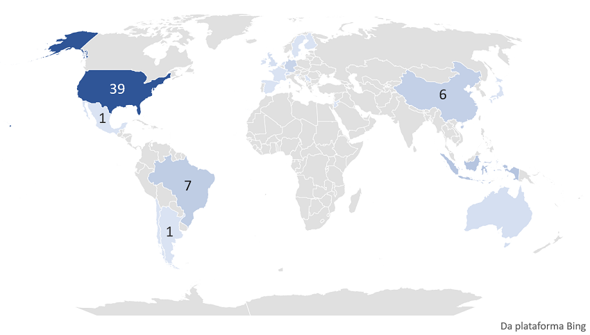 Países que publicaram ao menos 1 artigo ao longo do período analisado estão destacados em tons de azul.