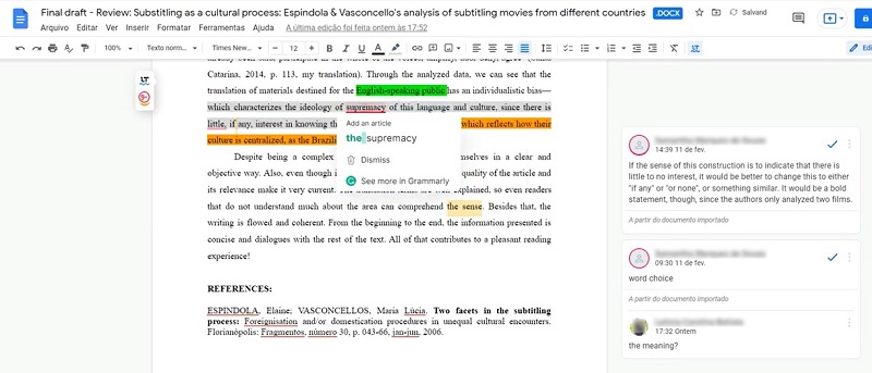 Screenshot of automated feedback by Grammarly
