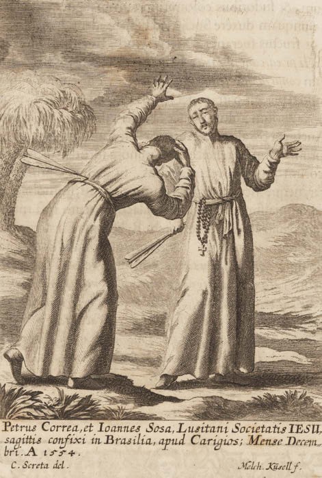 Grabado de Melchior Kuhsel representando el martirio de los P. Pedro Correia y Joao de Souza en diciembre de 1544