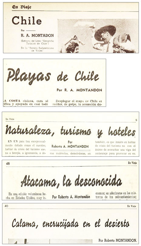 Cabeçalhos de artigos de Montandón publicados na revista En Viaje.