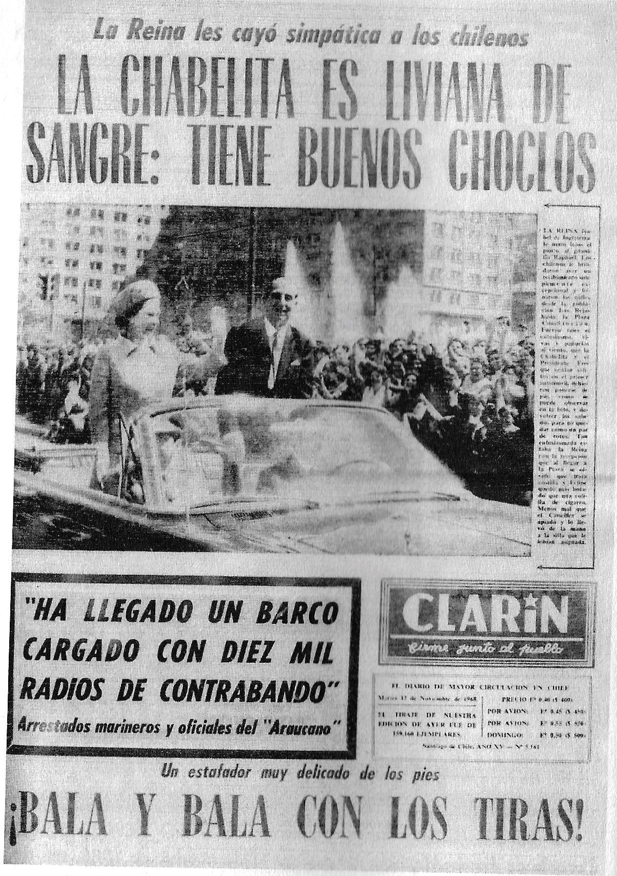 Muestras m&aacute;s evidentes de un lenguaje p&iacute;caro y provocador se aprecian en esta portada que alude a las bonitas piernas de la Reina Isabel de Inglaterra, de visita en Chile. Clar&iacute;n, 12 de noviembre de 1963.