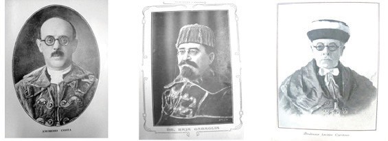 Retratos dos professores da Escola Polit&eacute;cnica: Amoroso Costa, Eug&ecirc;nio Raja Gabaglia, Lic&iacute;nio Cardoso em trajes de formatura.