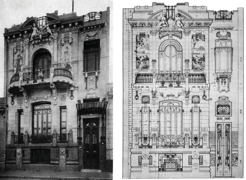 Foto do exterior e desenho da casa na Rua Tucum&aacute;n, n&ordm; 1961, em Buenos Aires, projeto de Virginio Colombo.