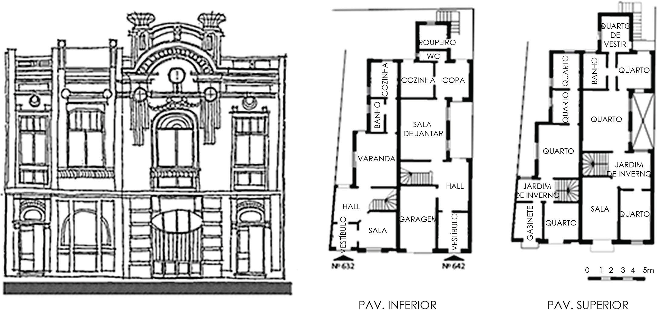 Casas na Rua Jos&eacute; do Patroc&iacute;nio, atuais n&uacute;meros 632 e 642, em Porto Alegre, projeto de D.F. Rocco, 1926: fachada e planta baixa.