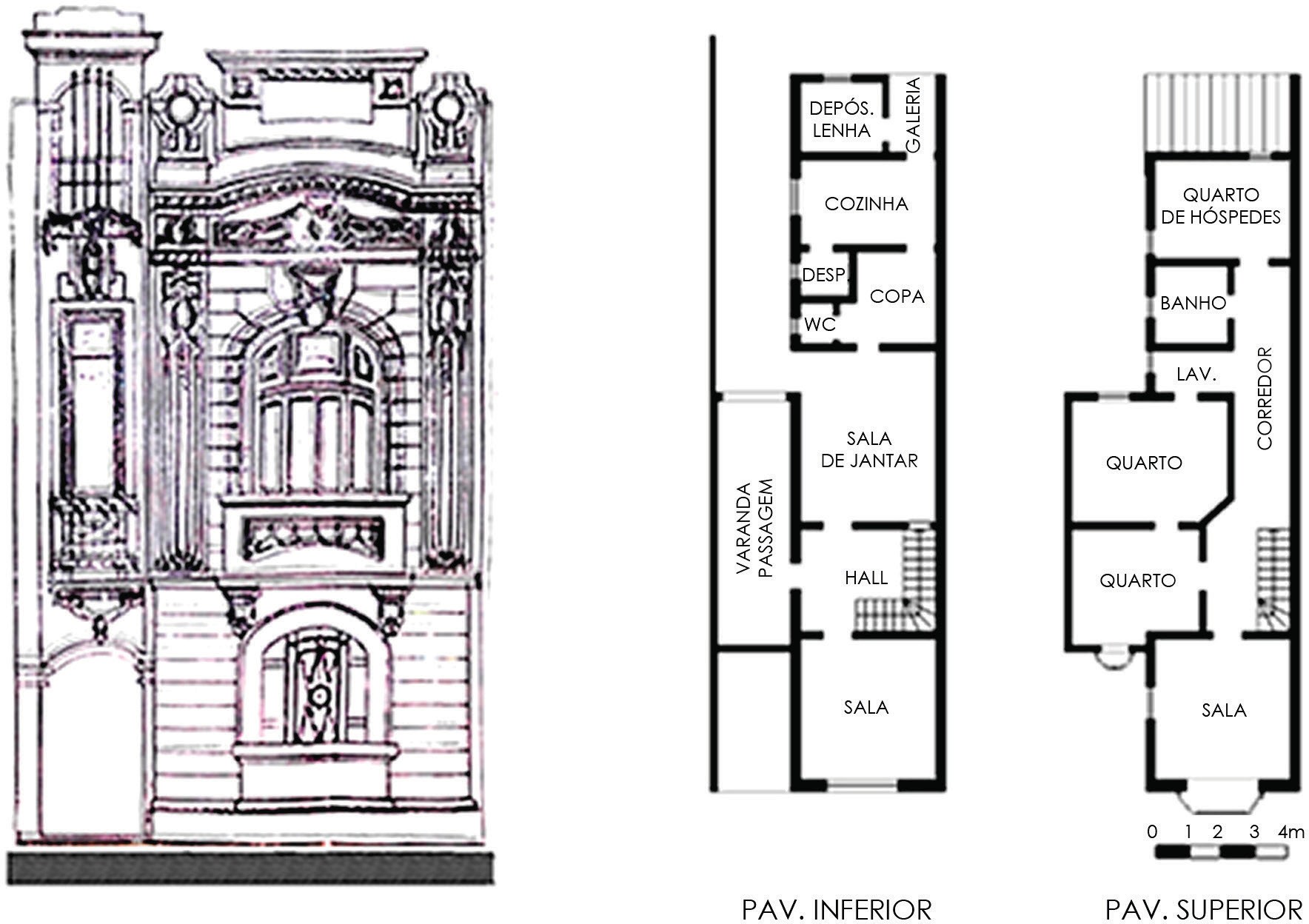 Casa na Rua Jos&eacute; do Patroc&iacute;nio, n&ordm; 620, em Porto Alegre, projeto de D.F. Rocco, de 1924: fachada e planta baixa.