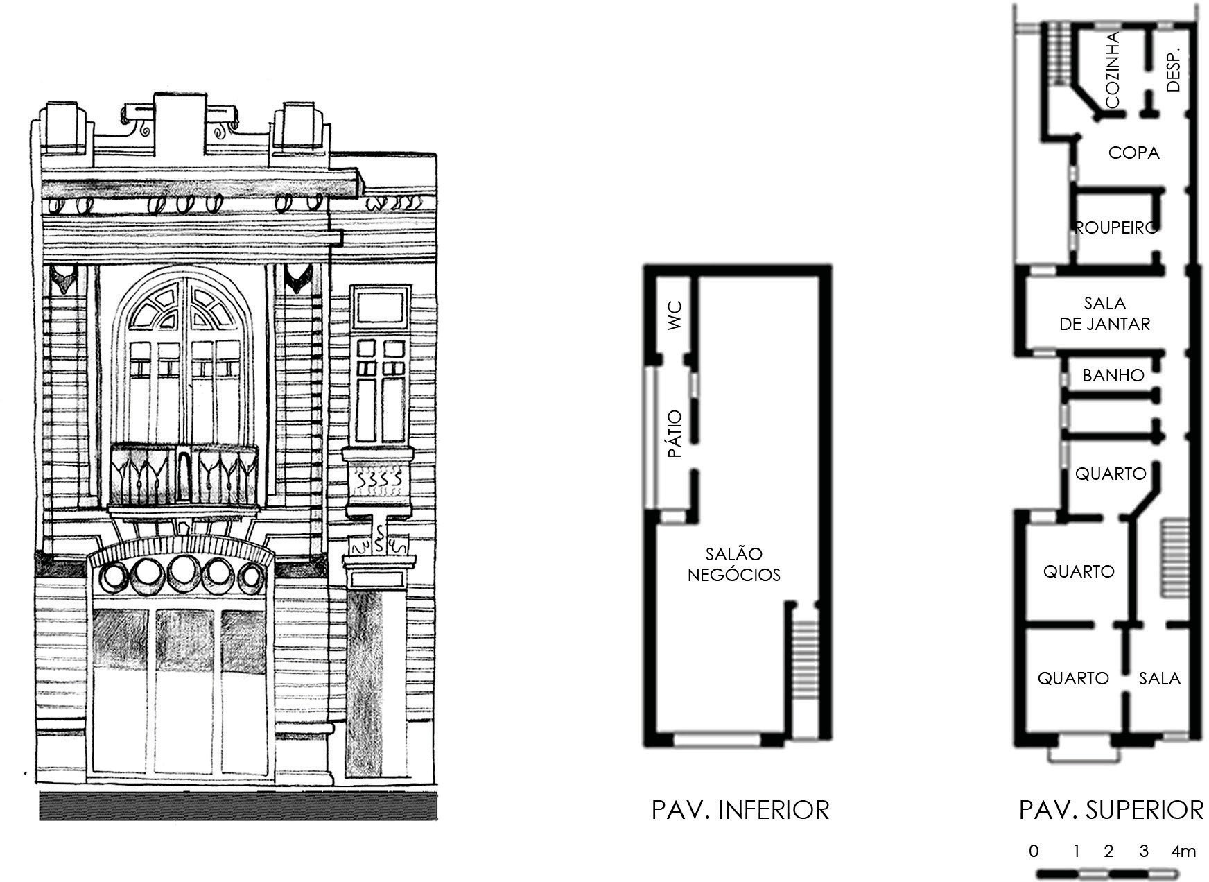 Casa na Rua Vig&aacute;rio Jos&eacute; In&aacute;cio, n&ordm; 16, em Porto Alegre, projeto de D.F. Rocco, de 1925: fachada e planta baixa.