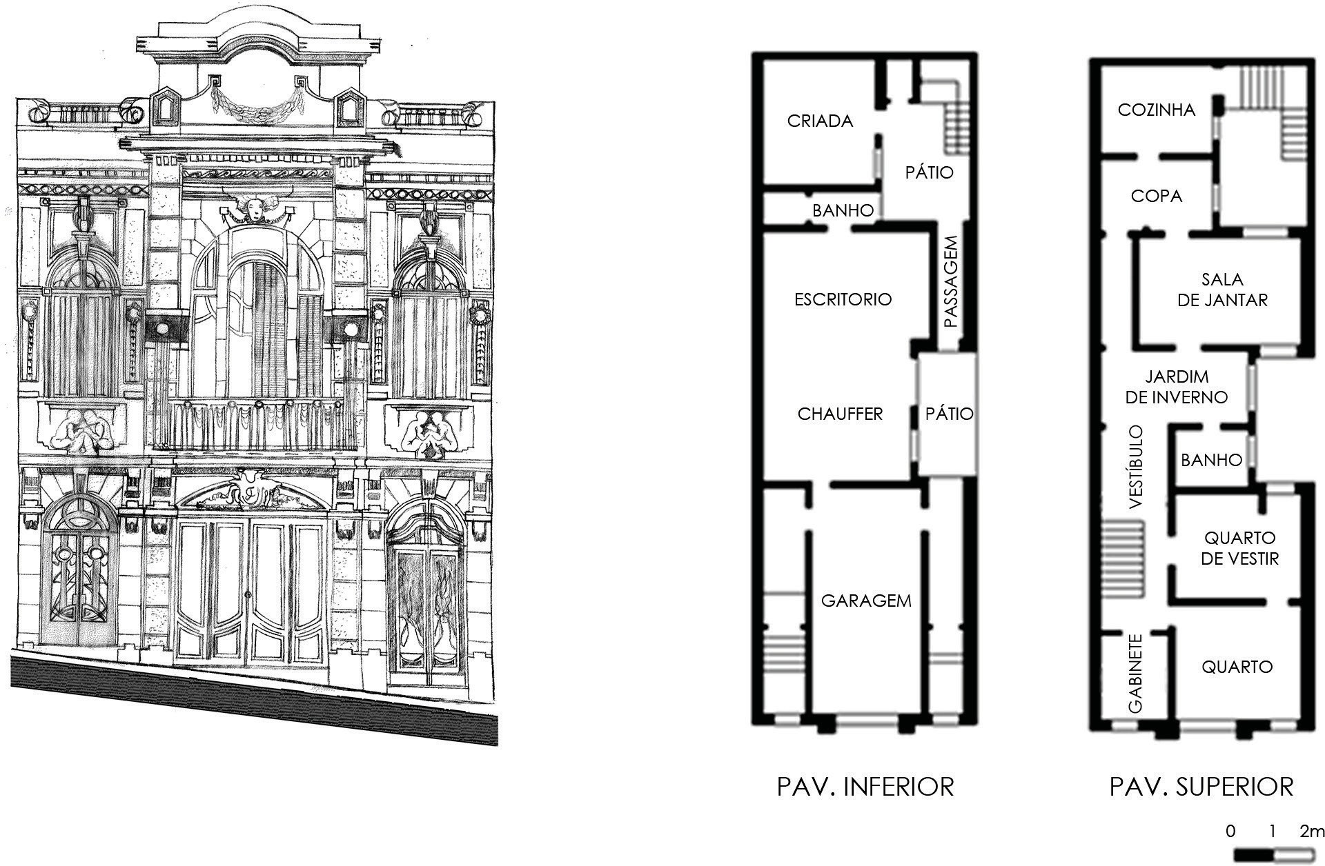 Casa na Rua Paysandu, em Porto Alegre, projeto de D.F. Rocco, 1925: fachada e planta baixa.