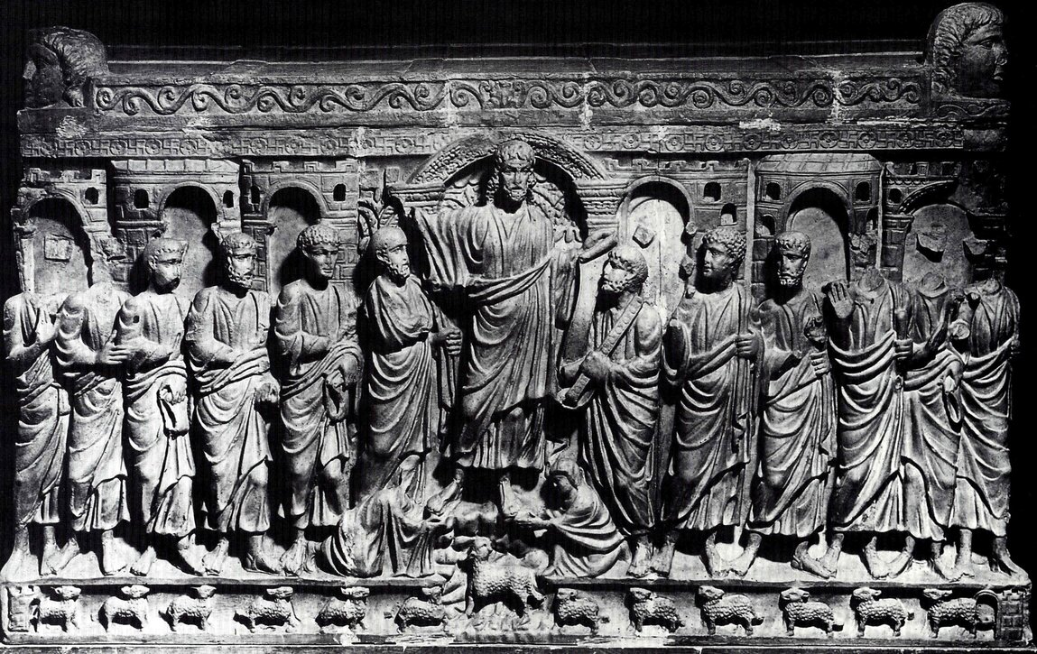 Sarcófago dito “de Estilicão” – mármore – face anterior – c. 380-400 – Basílica de Santo Ambrósio – Milão. Fonte: Repertorium, vol. II, 150, prancha 60.