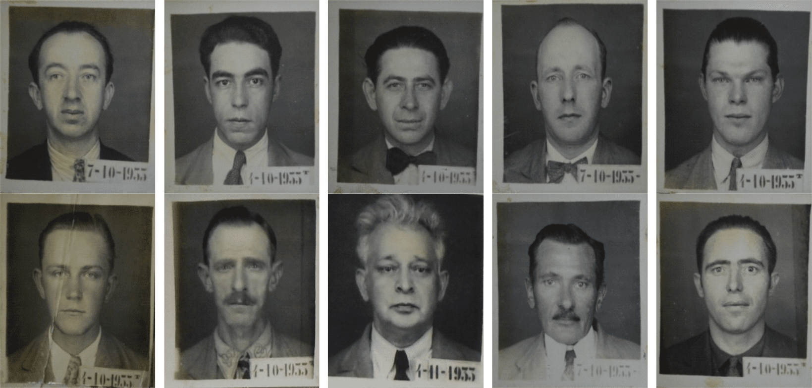 Trabalhadores especialistas da F&aacute;brica Ernesto Neugebauer: 1. Otto Killian, confeiteiro, 2.Pl&iacute;nio Vieira da Rosa, confeiteiro, 3. Luiz Grepan, caramelista, 4. Hans Martins, chocolateiro, 5. Kurt Weidel, chocolateiro, 6. Henrique Ernesto Reichelt, bomboneiro, 7. Franz Hesse, prensador de cacau, 8. Paulo Julius, confeiteiro, 9. Frederico Fluhrer, confeiteiro e 10. Jorge Geiser, confeiteiro.