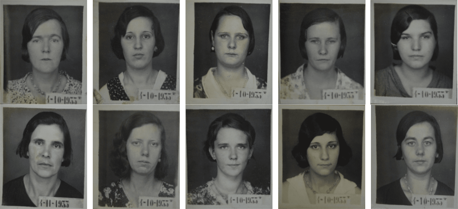 Trabalhadoras especialistas da F&aacute;brica Ernesto Neugebauer: 1. Charlott Mitcshke, batedora de chocolate, 2. Belmira Sobral, caramelista, 3. Ilana Verch, chocolateira, 4. Felicia Gacki, bomboneira, 5. Maria Hoffschneider, fundidora de cristal, 6. Olivia Gomes, confeiteira, 7. Irene Schmidt, doceira e 8. sofia sziszko, misturadora de chocolate. 9. Aurora Rosa Quint&atilde;o, bomboneira e 10 Margarete Kuban, chocolateira.