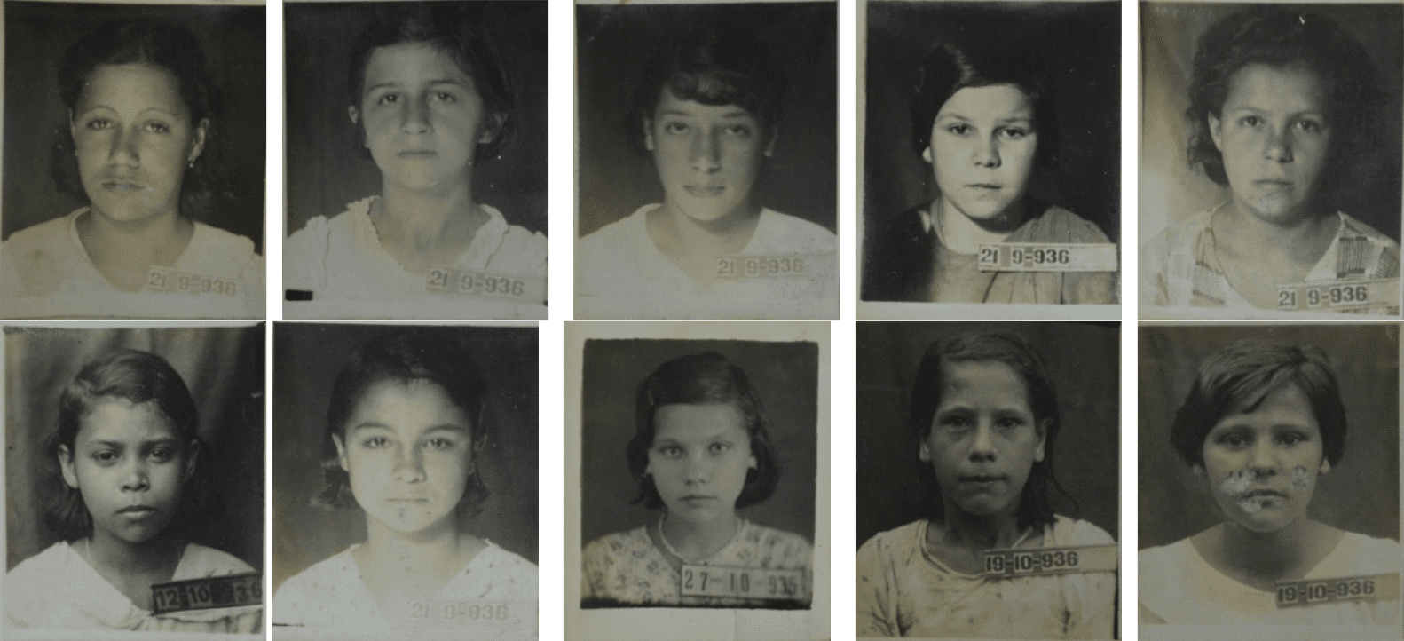 Menores trabalhadoras embrulhadeiras de balas da F&aacute;brica Ernestides Lopes: 1. Celia Boeira, 13 anos na fotografia, 2. Ondina Pereira, 13 anos na fotografia, 3. Eva Moraes, 13 anos na fotografia, 4. Concei&ccedil;&atilde;o Bittencourt, 13 anos na fotografia, 5. Izadir da Silva, 14 anos, 6. Cec&iacute;lia Gon&ccedil;alves, 14 anos, 7. Alzira Fraga, 14 anos, 8. Dida Mosin de Mello, 14 anos, 9. Nair Ferreira, 14 anos e 10. Leonor Ribeiro, 14 anos.