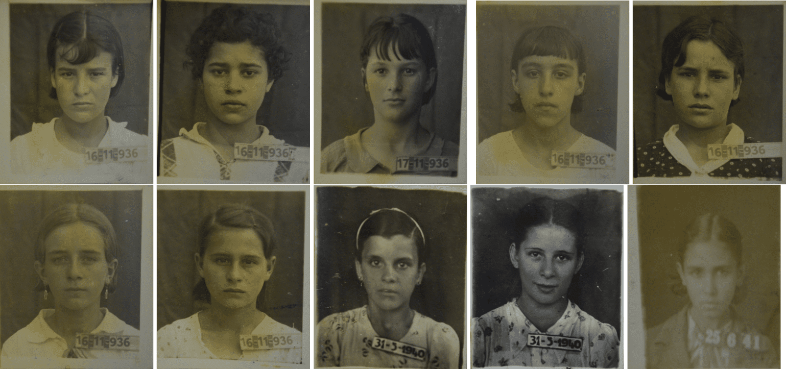 Menores  trabalhadoras  da  F&aacute;brica  Ernesto  Neugebauer  (14  anos):  1.  Selda  Lopes  embrulhadeira,  2.  Luiza  Costa,  embrulhadeira, 3. Maria Ot&iacute;lia Mendes, servente, 4. Leonor Teixeira, embrulhadeira, 5. Maura Vargas, embrulhadeira, 6 Iris Delagneze, embrulhadeira 7. Berta de Brito, embrulhadeira, 8. Jaci da Silva Quadros, sem profiss&atilde;o, 9. Arael Pedrosa Moraes, sem profiss&atilde;o e 10. Maura Stein, auxiliar de com&eacute;rcio.